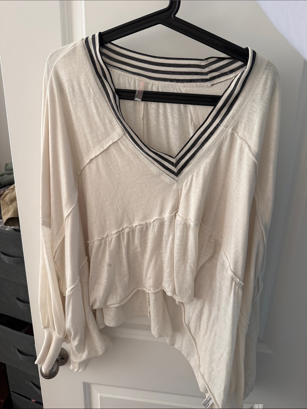 Free People Cream V-Neck Striped-Trim Tiered Pullover